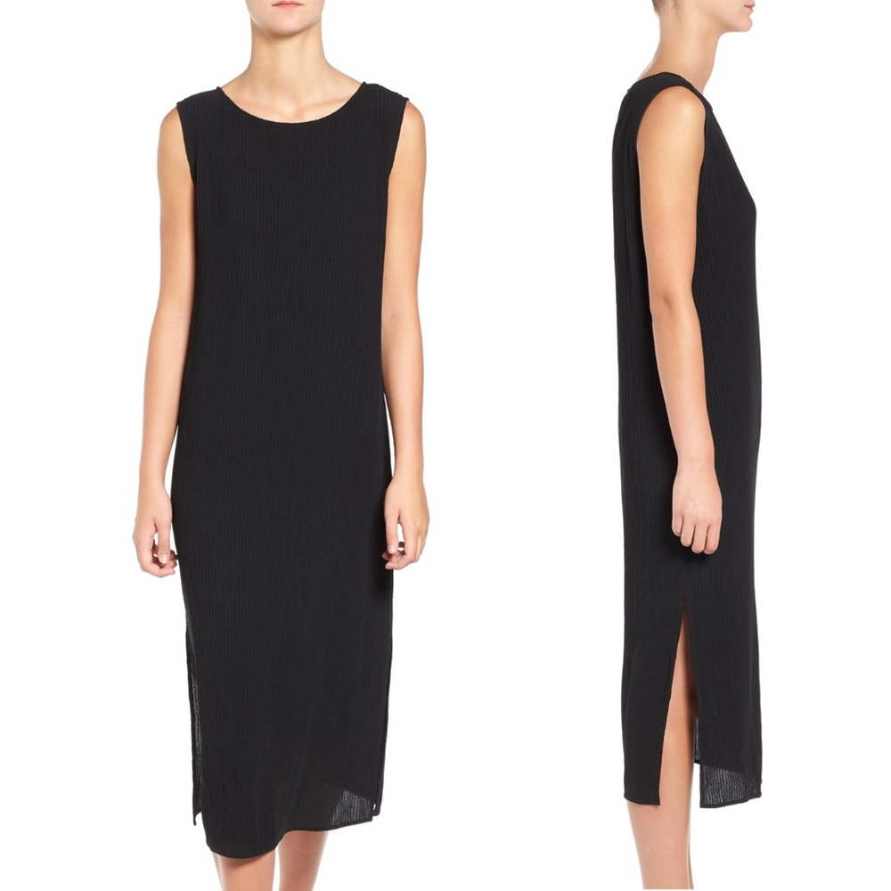 EILEEN FISHER Silk Accordion Jacquard Bateau Neck Shift Dress in Black Medium M